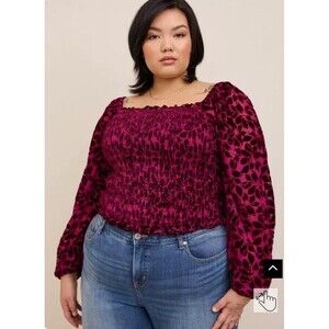 Torrid Velvet Smocked Blouson Sleeve Crop Top Wine Plus Size 1 XL NWT
